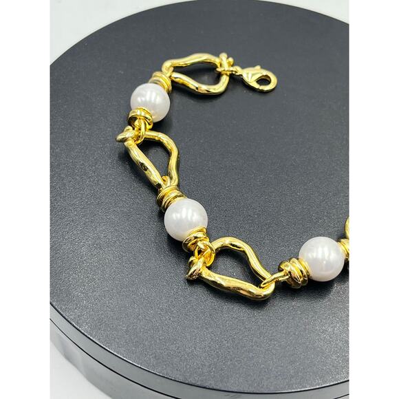 UNO de 50 White 10mm Pearl Perla Mosqueta Link Bracelet-Gold Plated Bracelet - Picture 3 of 9